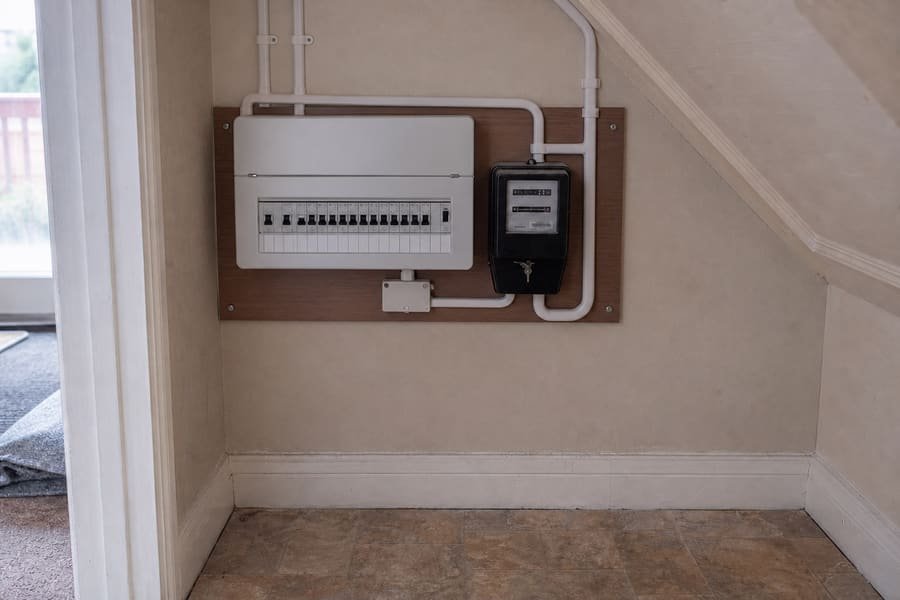 The same wall with a modern metal-clad consumer unit and neatly dressed cabling.