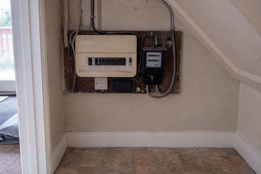 Dated rewireable fuse box with a cracked cover and tangled surface cabling.