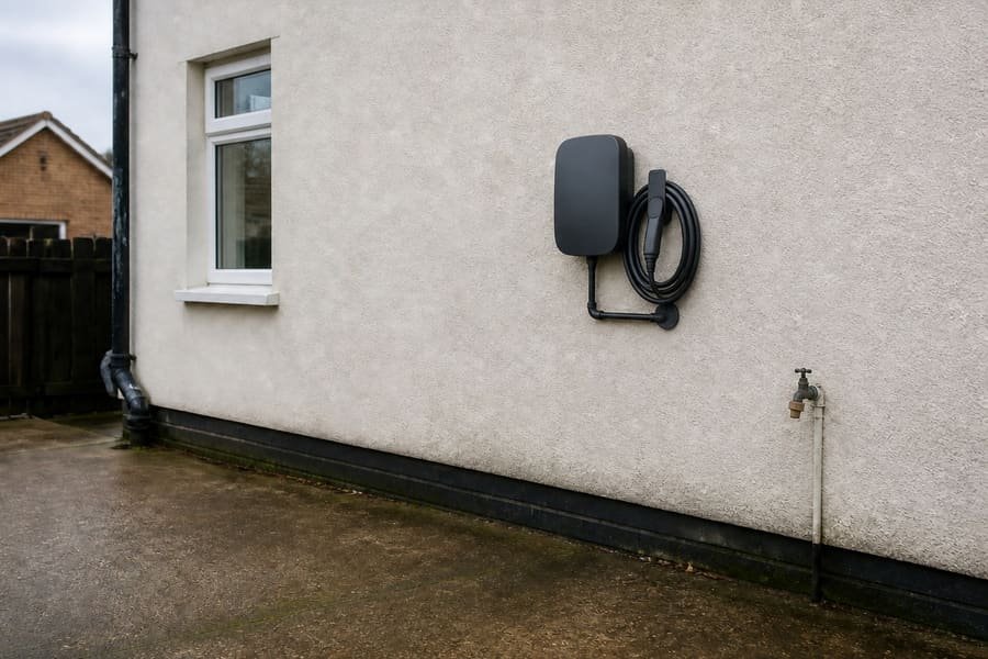 The same wall with a compact EV charge point and neat conduit run.