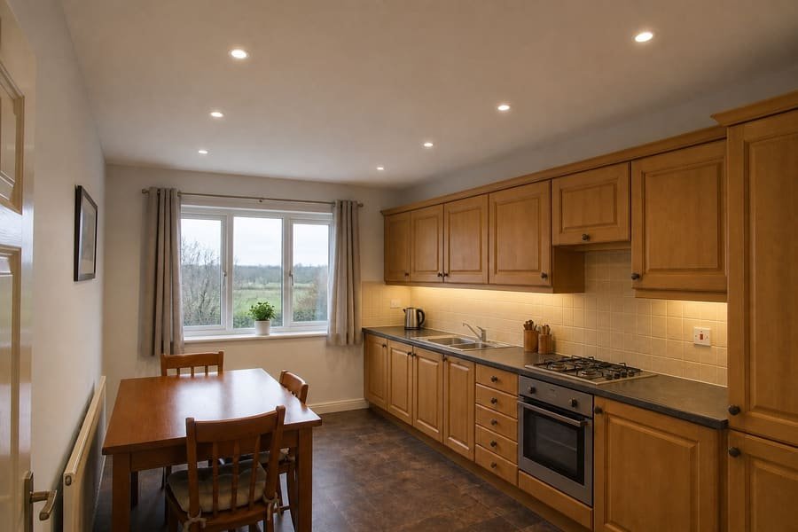 The same kitchen with recessed downlights and under-cabinet lighting.