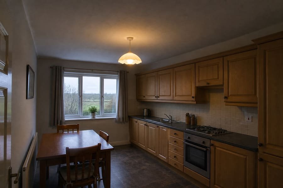 Kitchen lit by one dated pendant fitting, with shadow across the worktop.