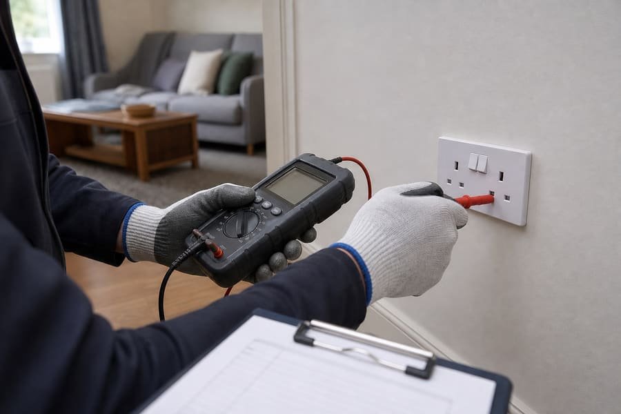 Electrical landlord inspection at a UK wall socket