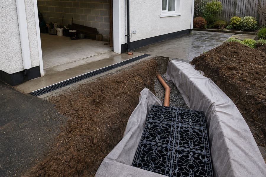 Channel drain and crated soakaway installation before backfilling