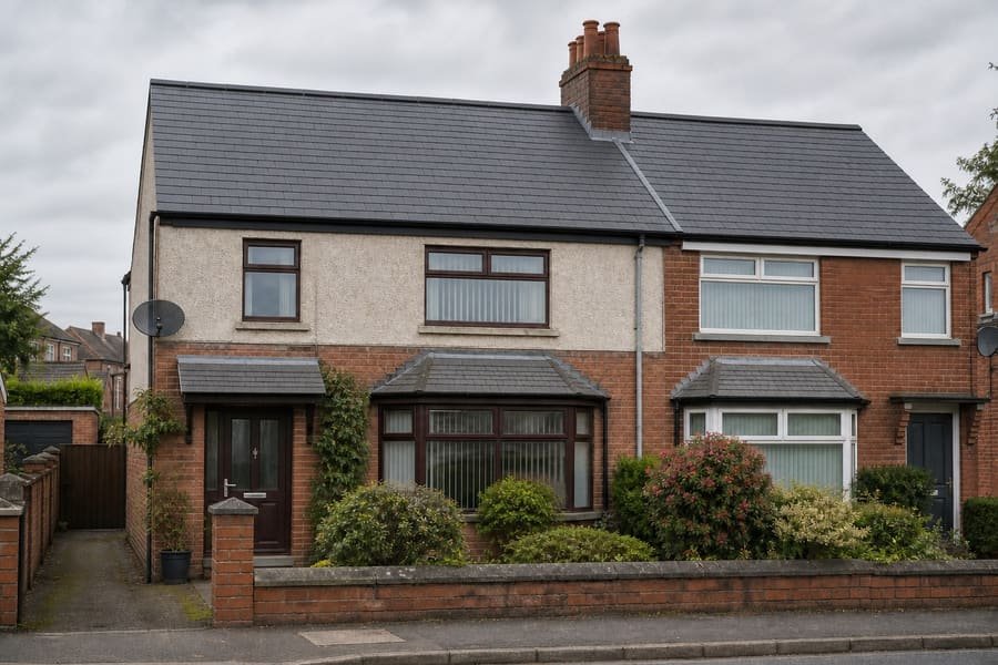 The same roof recovered in new natural slate with a new dry ridge and lead valley.