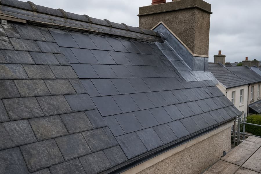 Repaired natural slate roof with renewed slates and chimney leadwork